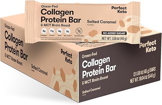 Barra de Proteína de Colágeno Perfect Keto, Sem Glúten com Colágeno de Pasto e Óleo MCT, Baixo Carboidrato, Sem Adição de Açúcar, Lanches de Alta Proteína, Alimentos para Dieta Keto, 10g de Proteína, 19g de Gordura, 2g de Carboidratos Líquidos