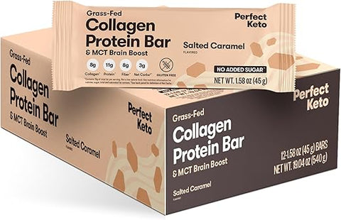 Barra de Proteína de Colágeno Perfect Keto, Sem Glúten com Colágeno de Pasto e Óleo MCT, Baixo Carboidrato, Sem Adição de Açúcar, Lanches de Alta Proteína, Alimentos para Dieta Keto, 10g de Proteína, 19g de Gordura, 2g de Carboidratos Líquidos