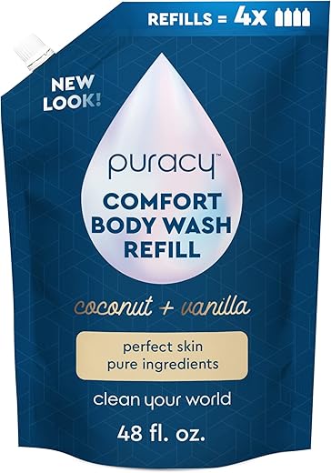 Recarga de Sabonete Líquido Puracy – Pele Perfeita – 98,6% Ingredientes Vegetais Puros, Gel de Banho Natural Hidratante para Pele Seca e Sensível, Fragrância Revigorante (Coco)