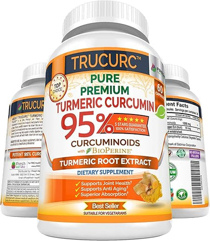 FRESH HEALTHCARE - Trucurc Cúrcuma Curcumina com Pimenta Preta – 95% de Curcumina Pura – Suporte Potente para Articulações – Máxima Absorção para Saúde Natural das Articulações – 60 Cápsulas de Cúrcuma