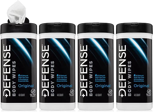 Defense Soap - Defesa Soap Body Wipes com Óleo de Tea Tree 100% Natural e Óleo de Eucalipto | Pós-Treino, Esportes, Luta, Acampamento, Lenços de Banho para Homens e Mulheres. 40 Unidades (Pacote com 4)
