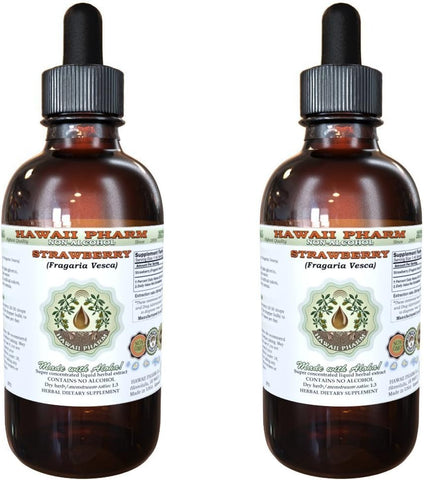 Extrato Líquido de Morango Sem Álcool, Folha Seca de Morango Orgânico (Fragaria Vesca) Glicerito Natural de Suplemento Herbal, Hawaii Pharm, EUA 2×60 ml