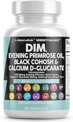 DIM 300mg Óleo de Prímula 3000mg Cohosh Preto 3000mg D-Glucarato de Cálcio 250mg Sulforafano Extrato de Semente de Linhaça – Vitaminas de Suporte Hormonal para Mulheres com - Clean Nutraceuticals