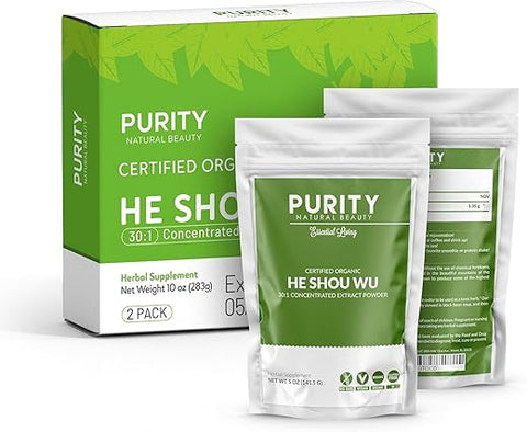 Purity Natural Beauty - He Shou Wu Orgânico Certificado – Grande Embalagem de 5oz (150ml) de Extrato Concentrado 30:1 de Fo-ti Orgânico – Extrato de Foti Orgânico – Fo-ti He Shou Wu Orgânico (Pacote com 2 – 10 Gramas)
