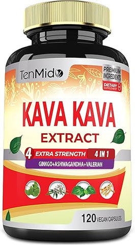 Tenmido - Kava Kava Extrato Cápsulas 6550mg, 4 Meses de Fornecimento com Ginkgo, Ashwagandha, Valeriana – Suporte para Relaxamento – 120 Cápsulas Veganas