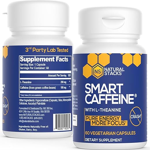 Comprimidos de L-Theanine e Cafeína 60ct – 200mg L-Theanine 100mg Cafeína – Energia Instantânea e Foco para Vida Escolar - NATURAL STACKS