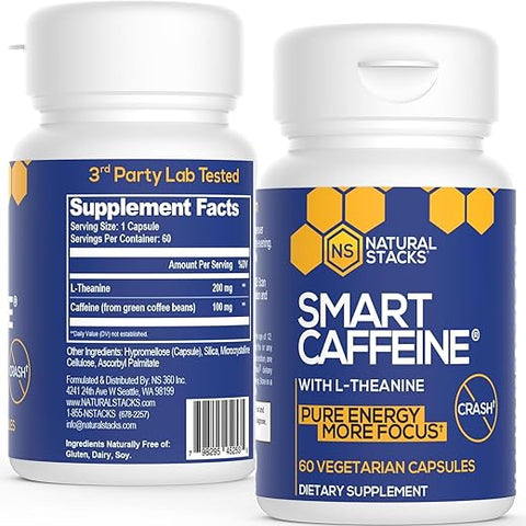 Comprimidos de L-Theanine e Cafeína 60ct – 200mg L-Theanine 100mg Cafeína – Energia Instantânea e Foco para Vida Escolar - NATURAL STACKS