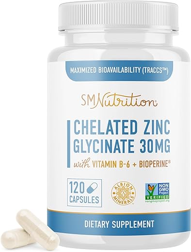 LLC,Smoky Mountain Naturals - Suplementos de Zinco Quelato | Glicinato de Zinco 30mg | Altamente Absorvível TRAACS Quelato de Zinco Bisglicinato, Vitamina B6