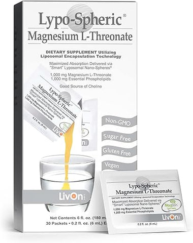 Lypo-Spheric Magnesium L-Threonate – 30 Pacotes – 77mg Por Pacote – Encapsulado em Lipossomas para Máxima Bioacessibilidade – Fórmula Profissional – 100%% Não-OGM - LivOn Laboratories