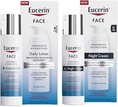 Combo Pack Eucerin Face Immersive Hydration – Loção Facial Diária com FPS 30, 75 ml + Creme Noturno com Ácido Hialurônico, 75 g