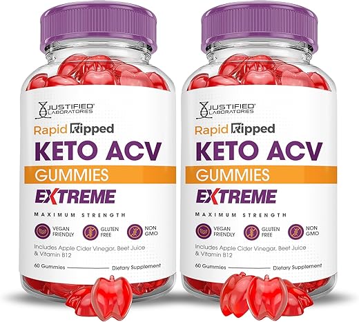 Justified Laboratories - (2 Pacotes) Gomas de Keto ACV Rápido Ripped Extreme 2000MG Rapidripped Keto Gummies Vinagre de Maçã Formulado com Suco de Romã e Beterraba em Pó B12 Vegano Não GMO 120 Gomas