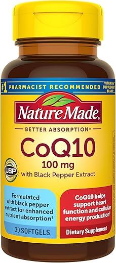 CoQ10 100mg com Extrato de Pimenta Preta para Melhor Absorção de Nutrientes, Suplemento Dietético para Apoio à Saúde Cardíaca, 30 Softgels, Fornecimento de 30 Dias - Nature Made