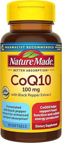 CoQ10 100mg com Extrato de Pimenta Preta para Melhor Absorção de Nutrientes, Suplemento Dietético para Apoio à Saúde Cardíaca, 30 Softgels, Fornecimento de 30 Dias - Nature Made