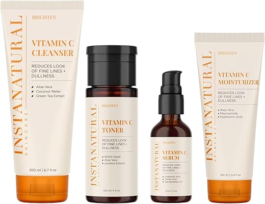 Kit de Cuidados com a Pele InstaNatural Vitamina C em 4 Passos, Ilumina, Hidrata, Previne Sinais de Envelhecimento, Sabonete Facial, Tônico, Sérum e Hidratante, com Extratos Botânicos