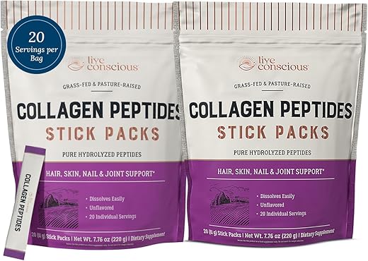 Pó de Peptídeos de Colágeno Live Conscious – Embalagens sem Sabor – Colágeno Hidrolisado em Pó – Cabelo, Pele, Unhas – 100% Natural
