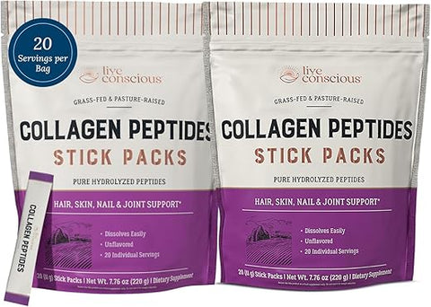 Pó de Peptídeos de Colágeno Live Conscious – Embalagens sem Sabor – Colágeno Hidrolisado em Pó – Cabelo, Pele, Unhas – 100% Natural