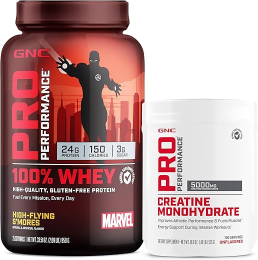 Pro Performance Creatine Monohydrate (100 Porções) + Pro Performance 100%% Whey – Marvel: High-Flying S’Mores (25 Porções) | GNC Performance Pro - GNC