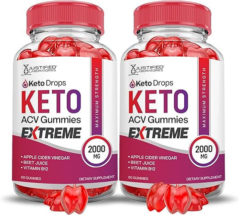 Justified Laboratories - (2 Pacotes) Gomas Keto Drops Keto ACV Extreme 2000MG Fórmula Avançada de Gomas Keto Drops Keto com Vinagre de Maçã, Romã e Beterraba em Pó B12 Vegano Não GMO 120 Gomas