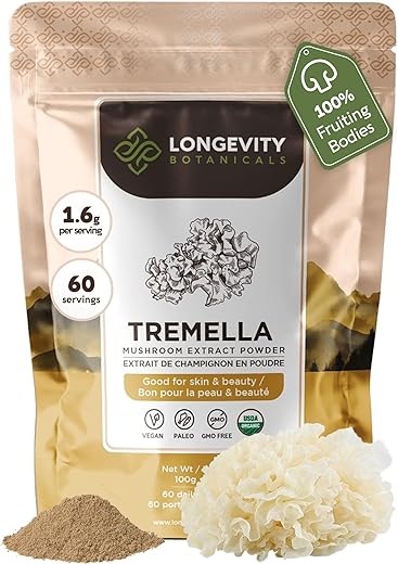 Pó de Cogumelo Tremella Orgânico – Concentrado Ultra de Cogumelo Tremella – Promove Pele Saudável e Memória – 100% Corpo Frutífero – 100g - Longevity Botanicals