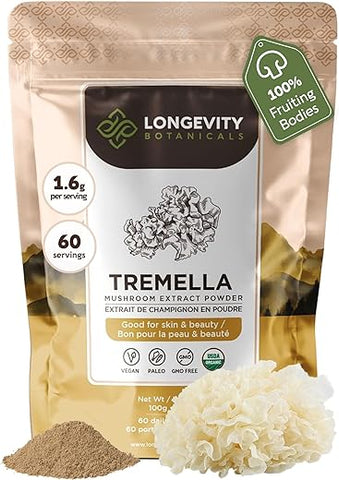 Pó de Cogumelo Tremella Orgânico – Concentrado Ultra de Cogumelo Tremella – Promove Pele Saudável e Memória – 100% Corpo Frutífero – 100g - Longevity Botanicals