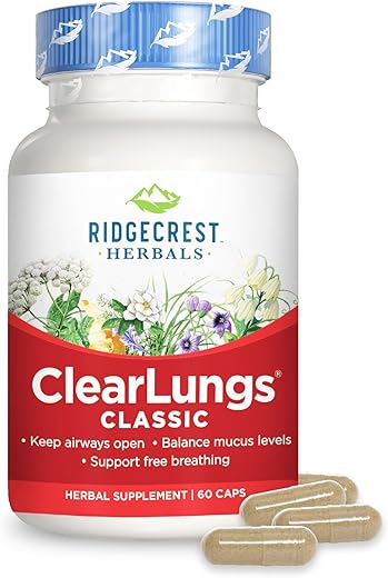 ClearLungs Classic – Suplemento Natural para Saúde Diária dos Pulmões e do Nariz, Suporte para Brônquios, Respiratório, Imunidade, Sinusite e Bem-Estar do Muco – Fórmula Herbal (60 cápsulas) - RidgeCrest Herbals
