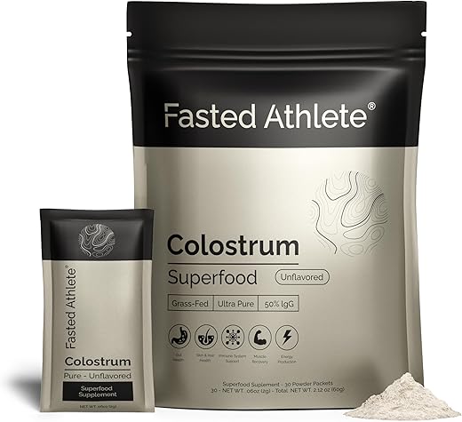 Fasted Athlete - Suplemento de Colostro para Saúde Intestinal, Pó de Colostro de Animais Alimentados com Pasto, 50%% IgG, Pele