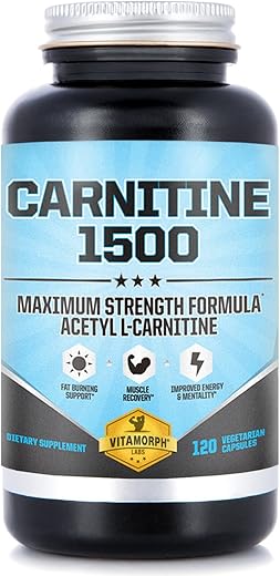 Vitamorph - Carnitina 1500 – Suplemento de Carnitina Acetil L-Carnitina 1500mg de Força Máxima – Suporta Energia, Memória, Foco e Gerenciamento de Perda de Peso – 120 Cápsulas Vegetarianas