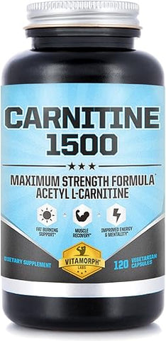 Vitamorph - Carnitina 1500 – Suplemento de Carnitina Acetil L-Carnitina 1500mg de Força Máxima – Suporta Energia, Memória, Foco e Gerenciamento de Perda de Peso – 120 Cápsulas Vegetarianas