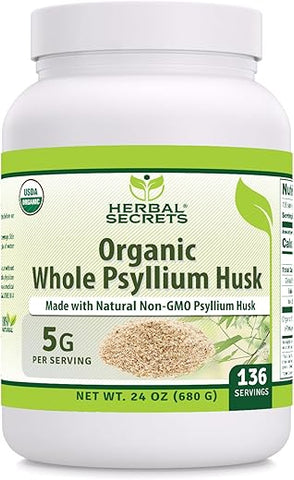 Psyllium Husk Orgânico USDA em Pó 24 oz | 5g por Porção | 136 Porções | Livre de Transgênicos | Sem Glúten | Fabricado nos EUA - Herbal Secrets