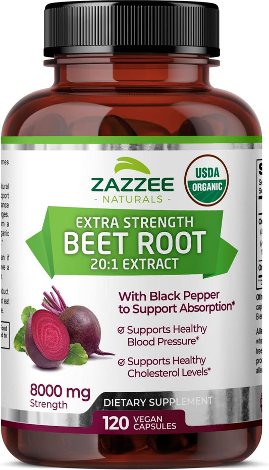 Beet Root Orgânico USDA 8000 mg Força 20:1 Extrato, 120 Cápsulas Veganas de Liberação Rápida, Extrato de Pimenta Preta para Absorção Aprimorada, Suporta Produção de Óxido Nítrico - Zazzee