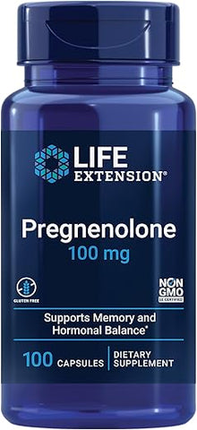 Pregnenolone – Suplemento para equilíbrio hormonal, 100 mg – Equilíbrio hormonal, memória, foco, saúde cognitiva – Sem glúten, Não-OGM, 100 cápsulas - Life Extension
