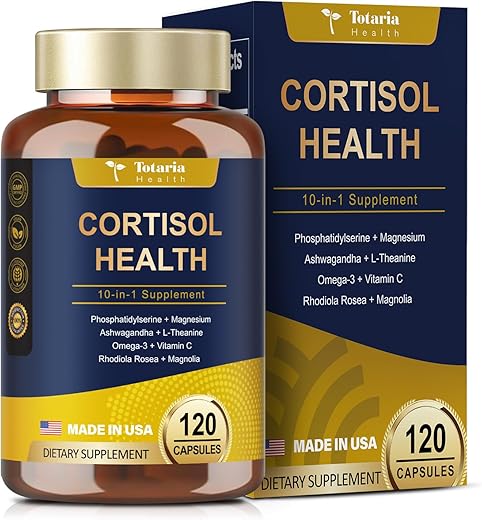 Totaria - Cortisol Supplemento com Ashwagandha, Magnésio, Rhodiola Rosea, L Theanine – Equilíbrio Hormonal para Mulheres – Melhora do Humor, Foco e Suporte ao Sono – 120 Cápsulas Veganas