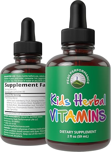 Peak Performance - Vitaminas Infantis de Ervas. Multivitamínico Líquido Herbal para Crianças. Sem Sabor Amargo. Sem Açúcar. Suplemento Vegano 14-em-1 em Gotas para Bebês, Crianças, Adolescentes. Misturado em Água para Crianças