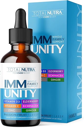 Total Nutra - Total Immune 6-em-1 Suplemento Líquido Multivitamínico | 100%% Diário Zinco, Vitamina D3, Vitamina C Gotas de Imunidade Líquida | Sabugueiro, Equinácea, Gengibre Suporte para Adultos | Marca Total Immune