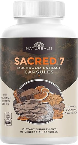 Cápsulas de Extrato de 7 Cogumelos Sagrados – Cabeça de Leão, Cordyceps, Reishi, Cauda de Peru, Chaga, Maitake e Shiitake – 100% Corpos Frutíferos, Fornecimento de 30 Dias - Naturealm