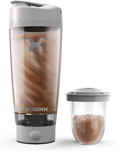 Pro Shaker Bottle | Recarregável, Potente para Batidas de Proteína Suaves | Inclui Armazenamento de Suplementos – Livre de BPA | Copo de 600ml (Cinza Legal) - Promixx