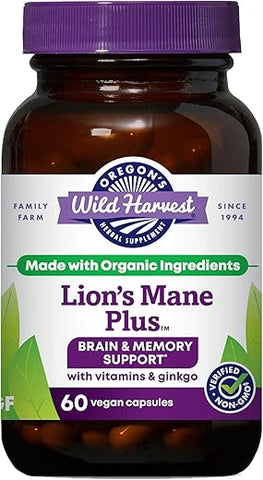Oregon's Wild Harvest - Oregon’s Wild Harvest Lion’s Mane Plus Brain – Potente Estimulante Cerebral com Extrato de Cogumelo do Leão (60 cápsulas)