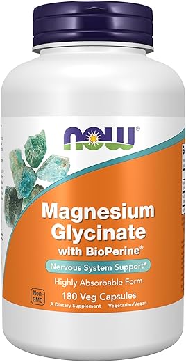 Suplementos, Magnésio Glicinato com BioPerine, 180 Cápsulas Vegetais - NOW Foods