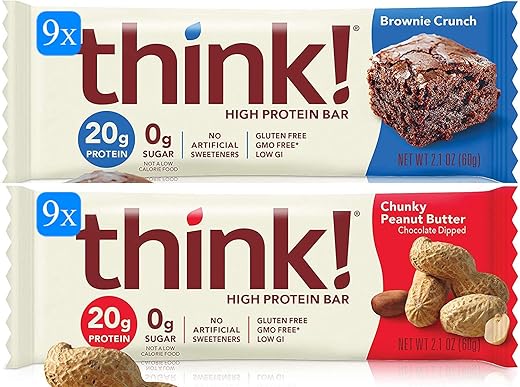 Bulk Buy - think! Pack com 18 Barras de Alta Proteína – 9 de Manteiga de Amendoim Crocante, 9 de Brownie (53g cada)