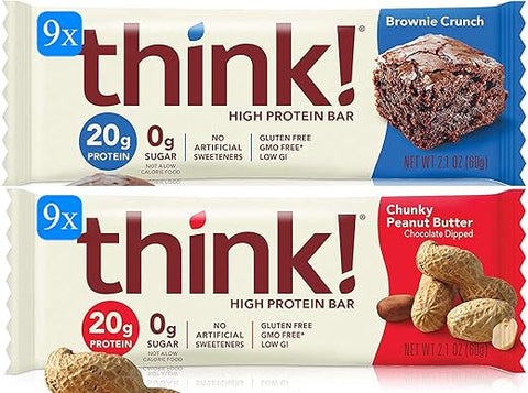 Bulk Buy - think! Pack com 18 Barras de Alta Proteína – 9 de Manteiga de Amendoim Crocante, 9 de Brownie (53g cada)