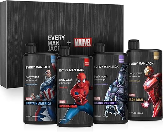 Caixa de Presente Every Man Jack Marvel – Conjunto de Sabonetes Líquidos – Inclui Quatro Sabonetes Líquidos com Ingredientes Naturais