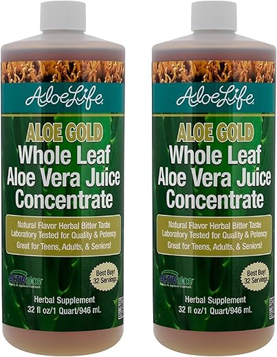 Suco de Aloe Vera de Folha Inteira, Orgânico Certificado com Minerais Traços, Sem Glúten (Aloe Gold 946 ml 2-Pack) - Aloe Life