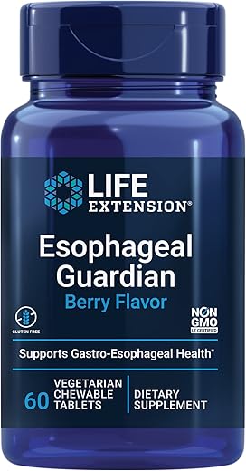 Esophageal Guardian: Alginic Acid, Bicarbonate de Potássio, Alívio Duradouro de Distúrbios Gástricos, Vegetariano, Não-OGM, Sem Glúten, 60 Comprimidos Mastigáveis Vegetarianos - Life Extension