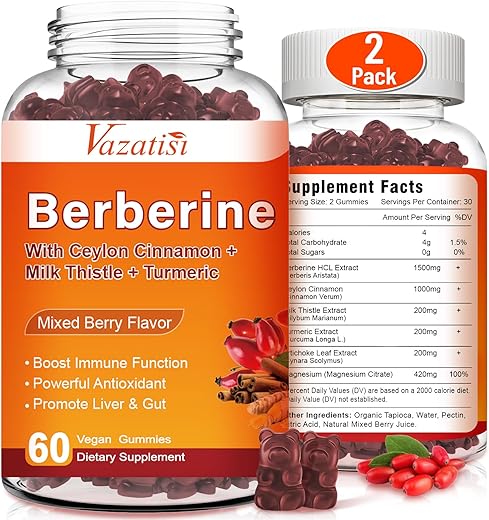 Vazatisi - Berberine Gummies 1500 mg – Canela Ceylon, Citrato de Magnésio, Cardo de Leite – Adultos e Crianças – Sabor de Frutas Vermelhas – 120 Cápsulas