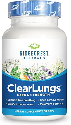 RidgeCrest Herbals - RidgeCrest Clearlungs Extra Strength Herbal Decongestant – 60 Cápsulas Vegetarianas – Potência Extra – Descongestionante Herbal – Marca RidgeCrest