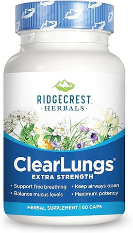 RidgeCrest Herbals - RidgeCrest Clearlungs Extra Strength Herbal Decongestant – 60 Cápsulas Vegetarianas – Potência Extra – Descongestionante Herbal – Marca RidgeCrest