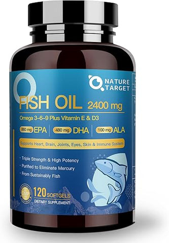 NATURE TARGET - Triple Omega 3 6 9, Óleo de Peixe 2400mg Cápsulas com Vitamina D3 – Benefícios para a Saúde