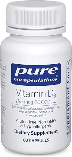 Vitamina D3 Pure Encapsulations 250 mcg (10.000 UI) – Suporte para os ossos, articulações, mama, coração e cólon