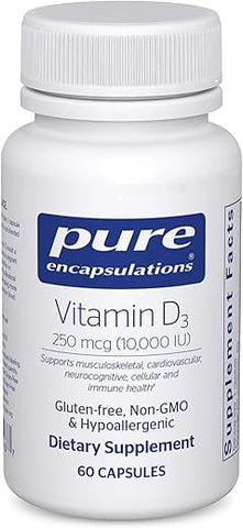 Vitamina D3 Pure Encapsulations 250 mcg (10.000 UI) – Suporte para os ossos, articulações, mama, coração e cólon