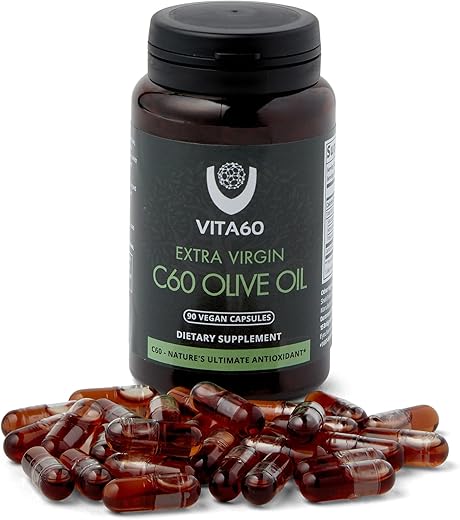 VITA60 - Cápsulas de Óleo C60 | Vitalidade Antienvelhecimento e Suporte Antioxidante | C60 Puro 99,99% Livre de Solventes | Óleo Orgânico | Amigável aos Veganos | Atendimento ao Cliente Superior (Azeite)